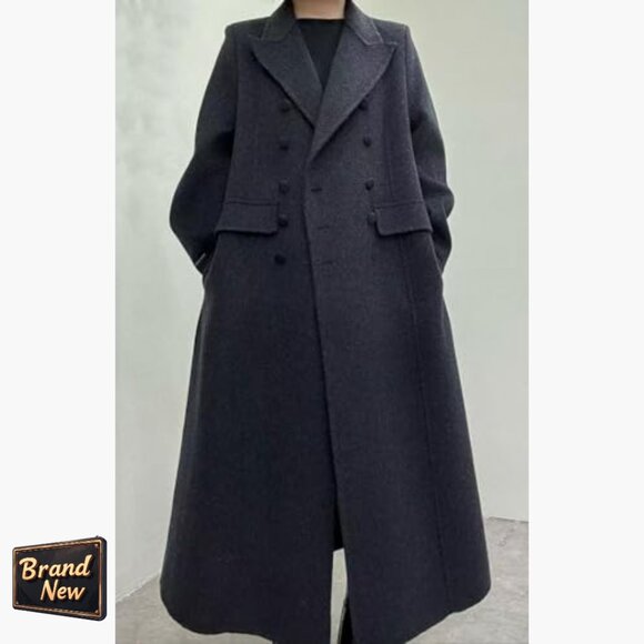 Long Wool Pea Coat Double Breasted Trench Belted Winter Overcoat - Picture 4 of 4